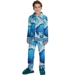 Beach Wave Kids  Long Sleeve Velvet Pajamas Set by GardenOfOphir