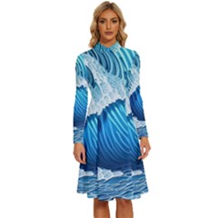 Beach Wave Long Sleeve Shirt Collar A-line Dress by GardenOfOphir