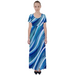 Blue Ocean Waves High Waist Short Sleeve Maxi Dress by GardenOfOphir
