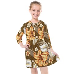 White And Yellow Floral Lilies Background Surface Kids  Quarter Sleeve Shirt Dress by Jancukart