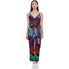 Floral Digital Art Tongue Out V-neck Spaghetti Strap Tie Front Jumpsuit by Jancukart