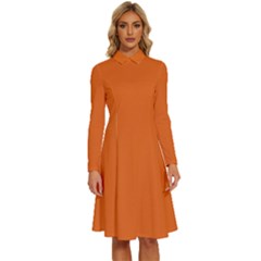 Dark Papaya Orange	 - 	long Sleeve Shirt Collar A-line Dress