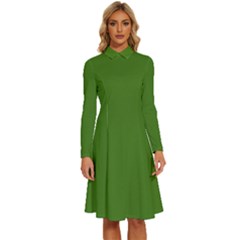 Light Seaweed Green	 - 	long Sleeve Shirt Collar A-line Dress