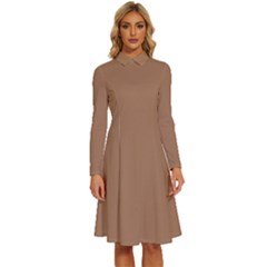 Tuscan Brown	 - 	long Sleeve Shirt Collar A-line Dress