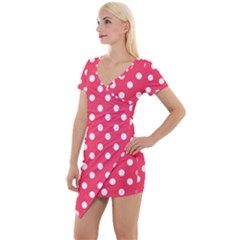 Hot Pink Polka Dots Short Sleeve Asymmetric Mini Dress by GardenOfOphir