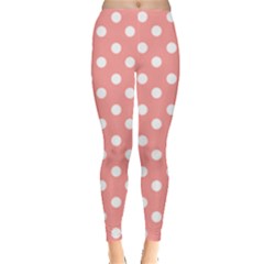 Coral And White Polka Dots Leggings  by GardenOfOphir