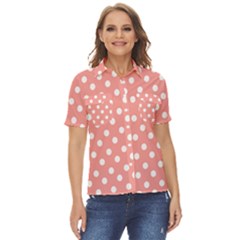 Coral And White Polka Dots Women s Short Sleeve Double Pocket Shirt