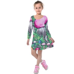 Liberty Cap Magic Mushroom Kids  Long Sleeve Velvet Dress by GardenOfOphir