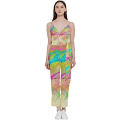 Abstract-14 V-neck Spaghetti Strap Tie Front Jumpsuit by nateshop