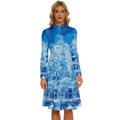 Water Blue Wallpaper Long Sleeve Shirt Collar A-line Dress by artworkshop