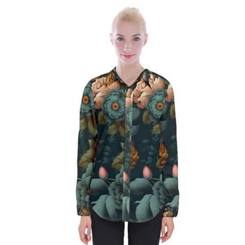 Floral Flower Blossom Turquoise Womens Long Sleeve Shirt by Ravend