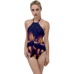Night Houses River Bokeh Leaves Landscape Nature Go With The Flow One Piece Swimsuit by Ravend