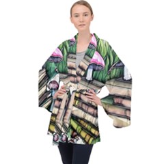 Liberty Cap Magic Mushroom Charm Long Sleeve Velvet Kimono  by GardenOfOphir