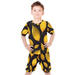 Leaves Foliage Pattern Metallic Gold Background Kids  Tee And Shorts Set by Ravend