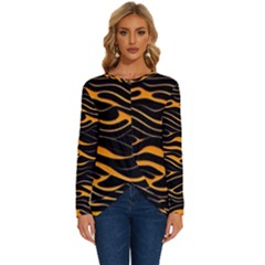Waves Pattern Golden 3d Abstract Halftone Long Sleeve Crew Neck Pullover Top by Ravend