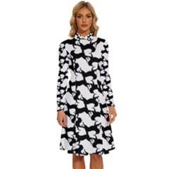 Playful Pups Black And White Pattern Long Sleeve Shirt Collar A-line Dress by dflcprintsclothing