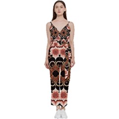 Floral Pattern Flowers Spiral Pattern Beautiful V-neck Spaghetti Strap Tie Front Jumpsuit by Ravend