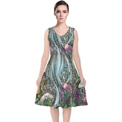 Craft Mushroom V-neck Midi Sleeveless Dress  by GardenOfOphir