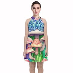 Fairy Mushroom In The Forest Velvet Halter Neckline Dress  by GardenOfOphir