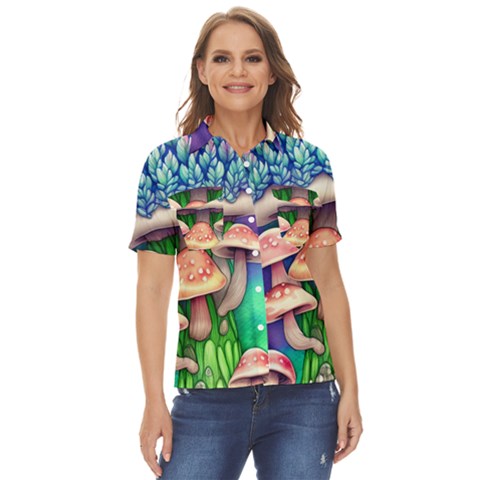 Fairy Mushroom In The Forest Women s Short Sleeve Double Pocket Shirt by GardenOfOphir