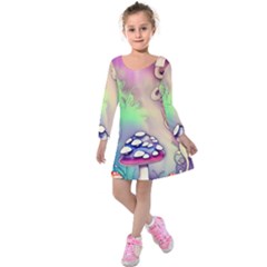 Tiny Forest Mushroom Fairy Kids  Long Sleeve Velvet Dress by GardenOfOphir