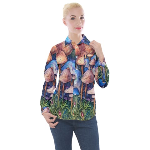 Retro Mushroom Women s Long Sleeve Pocket Shirt by GardenOfOphir