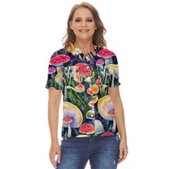 Woodsy Mushroom Design Foresty Women s Short Sleeve Double Pocket Shirt