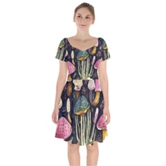 Natural Mushroom Short Sleeve Bardot Dress by GardenOfOphir