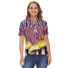 Flowery Garden Mushroom Women s Short Sleeve Double Pocket Shirt