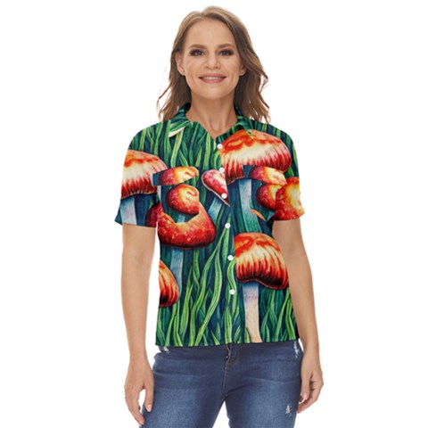 Enchanted Forest Mushroom Women s Short Sleeve Double Pocket Shirt by GardenOfOphir
