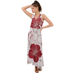 Red Hibiscus Flowers Art V-neck Chiffon Maxi Dress