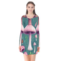 Tiny Historical Mushroom Long Sleeve V-neck Flare Dress by GardenOfOphir
