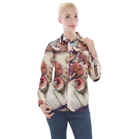 Dainty Mushroom Pendant Women s Long Sleeve Pocket Shirt by GardenOfOphir