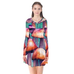 Witchy Mushrooms In The Woods Long Sleeve V-neck Flare Dress by GardenOfOphir