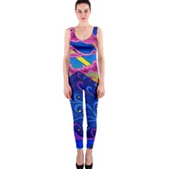 Psychedelic Colorful Lines Nature Mountain Trees Snowy Peak Moon Sun Rays Hill Road Artwork Stars Sk One Piece Catsuit by Jancukart