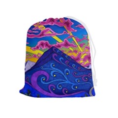 Psychedelic Colorful Lines Nature Mountain Trees Snowy Peak Moon Sun Rays Hill Road Artwork Stars Sk Drawstring Pouch (xl) by Jancukart
