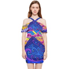 Psychedelic Colorful Lines Nature Mountain Trees Snowy Peak Moon Sun Rays Hill Road Artwork Stars Sk Shoulder Frill Bodycon Summer Dress by Jancukart