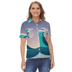 Tsunami Tidal Wave Wave Minimalist Ocean Sea 4 Women s Short Sleeve Double Pocket Shirt