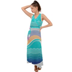 Tsunami Tidal Wave Wave Minimalist Ocean Sea V-neck Chiffon Maxi Dress by Pakemis