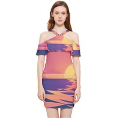 Sunset Ocean Beach Water Tropical Island Vacation Shoulder Frill Bodycon Summer Dress by Pakemis