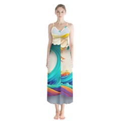 Tsunami Tidal Wave Wave Minimalist Ocean Sea 3 Button Up Chiffon Maxi Dress by Pakemis