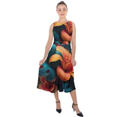 Ai Generated Tropical Flowers Floral Floral Pattern Midi Tie-back Chiffon Dress by Pakemis