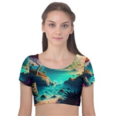 Tropical Paradise Beach Ocean Shore Sea Fantasy Velvet Short Sleeve Crop Top  by Pakemis