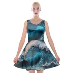 Tsunami Waves Ocean Sea Water Rough Seas 2 Velvet Skater Dress by Pakemis