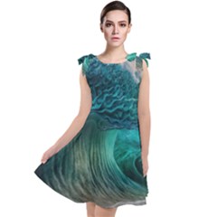 Tsunami Waves Ocean Sea Water Rough Seas Tie Up Tunic Dress by Pakemis