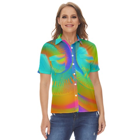 Contemporary Fluid Art Pattern In Bright Colors Women s Short Sleeve Double Pocket Shirt by GardenOfOphir