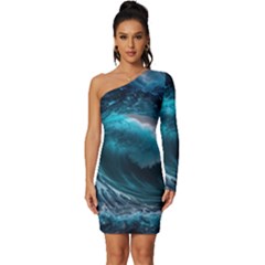 Tsunami Waves Ocean Sea Water Rough Seas 3 Long Sleeve One Shoulder Mini Dress