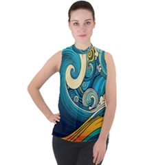 Waves Wave Ocean Sea Abstract Whimsical Abstract Art Mock Neck Chiffon Sleeveless Top by Pakemis