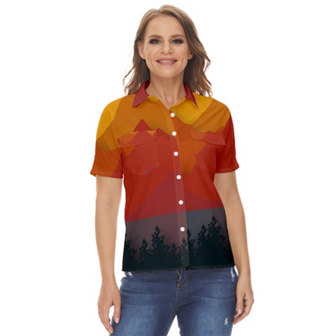 Mountain Forest Nature Scenery Art Mountains Women s Short Sleeve Double Pocket Shirt by Wegoenart