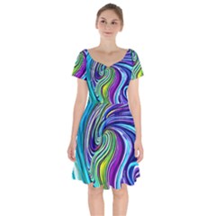 Waves Of Color Short Sleeve Bardot Dress by GardenOfOphir